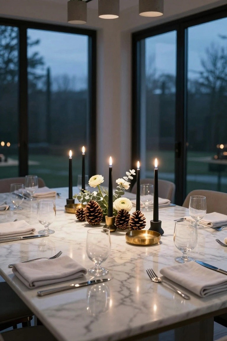 Marble dining table set for dinner with clusters of black taper candles in gold holders, pinecones, white flowers, and eucalyptus as centerpiece, wine glasses, napkins, and flatware arranged around it, large dark-framed windows showing evening garden view in background.