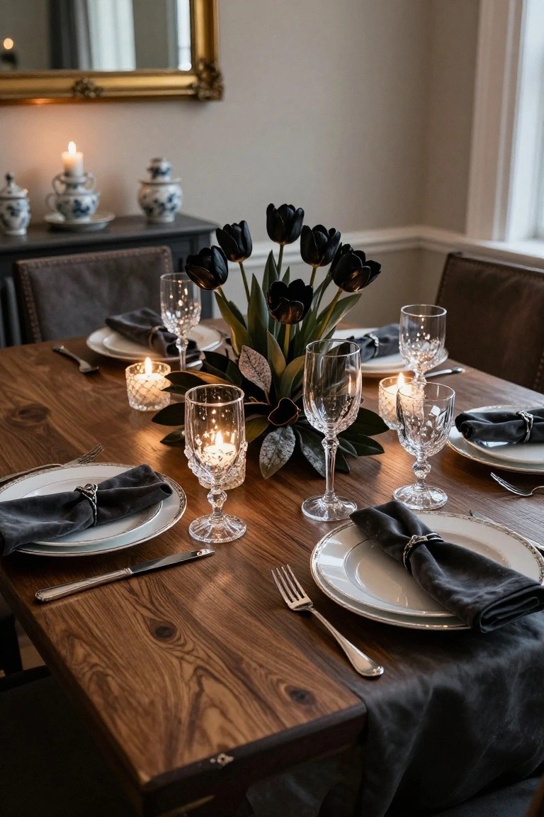 Close-up of a wooden dining table set for dinner with a black tulip centerpiece, multiple candles, crystal wine glasses, white plates with dark napkins, and upholstered chairs in a softly lit room.