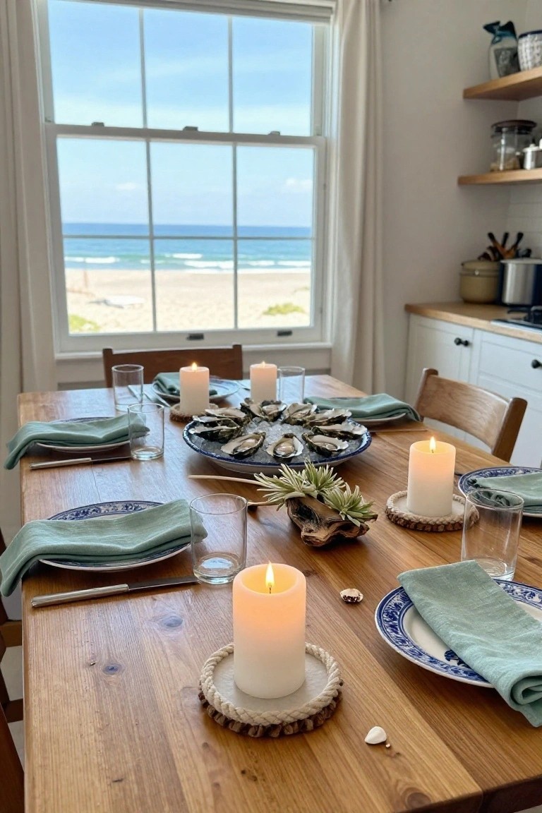 Wooden dining table set for a meal with a large platter of oysters at center, surrounded by white pillar candles on rope coasters, blue and white plates with teal napkins, glassware, succulents, driftwood, and shells, in a kitchen with large window overlooking beach and ocean.