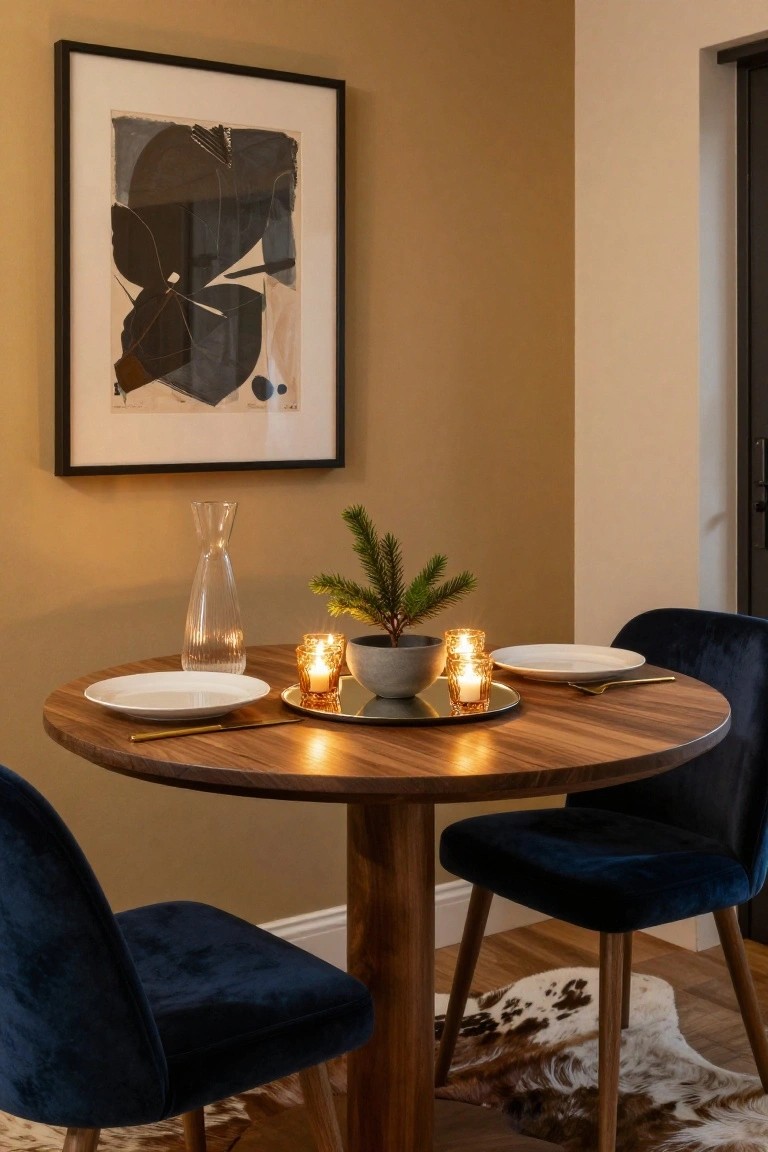 Small round wooden table in a beige corner room set for two with white plates, gold utensils, tealight candles, a potted mini fir tree, glass vase, and two navy velvet chairs on a cowhide rug with abstract wall art.