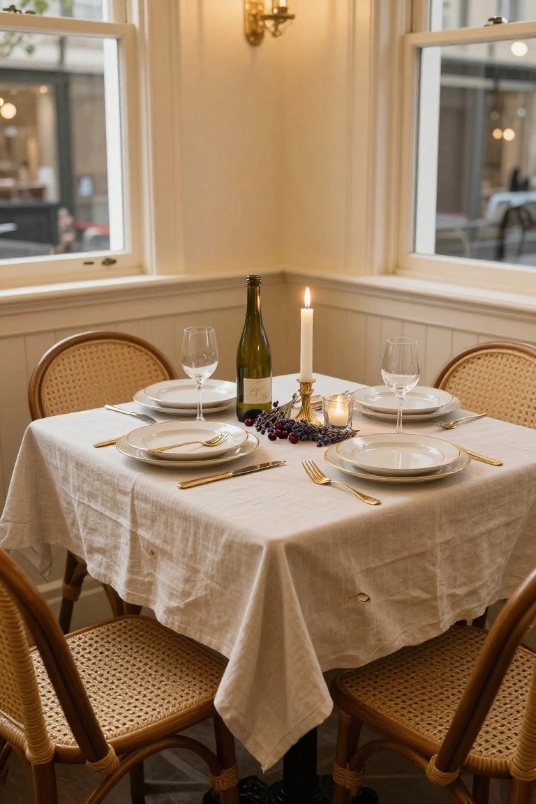 Corner dining table in a light-colored room with large windows, covered in white linen cloth, set for four with white plates, gold flatware and utensils, wine glasses, open bottle of white wine, purple grapes and berries, and a lit taper candle centerpiece, rattan chairs around it, wall sconce and street view outside.