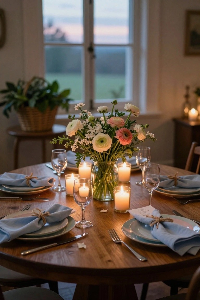 Close-up of a round wooden dining table set for dinner with blue linen napkins tied with twine, white plates, wine glasses, silverware, a central glass vase of white, pink, and green anemones and foliage, surrounded by multiple lit votive candles, in a light-filled room with large windows.