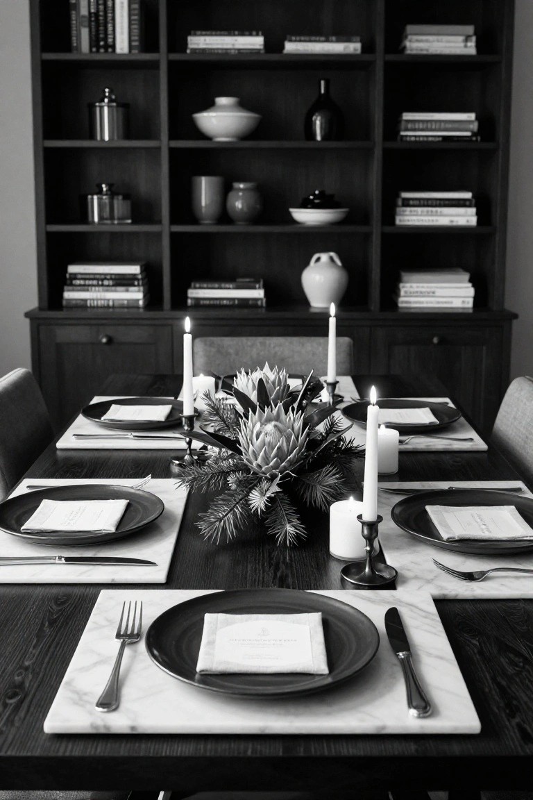 Black-and-white photo of a dining table set with black plates and white napkins on marble placemats, a central protea flower and fir branch arrangement surrounded by lit candles in metal holders, wooden chairs, and dark bookshelves in the background.