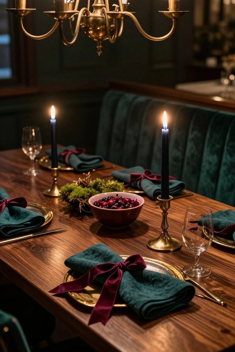 Wooden dining table set for Christmas with gold-rimmed plates, emerald green cloth napkins tied with burgundy ribbons, brass candlesticks holding navy candles, a moss-ringed bowl of red cranberries, wine glasses, and a green velvet booth in the background under chandelier lighting.