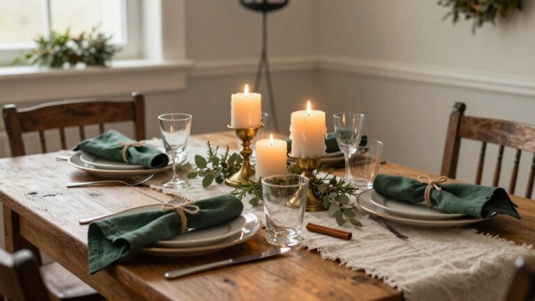 21 Romantic Christmas Table Decor Ideas for a Candlelit Holiday Dinner Wooden dining table set for a holiday meal with multiple brass candelabras holding lit white taper candles intertwined with eucalyptus and fir greenery, green linen napkins tied with twine around plates, clear glasses, and a fringed white linen runner, in a room with a white fireplace and chairs.