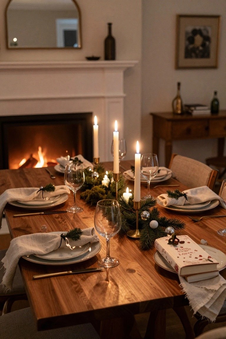 Wooden dining table set for Christmas with white plates, linen napkins tied with pine sprigs, wine glasses, gold flatware, and a low centerpiece of green moss, pine branches, white candles, and gold ornaments, next to a lit fireplace in a light room with beige walls.