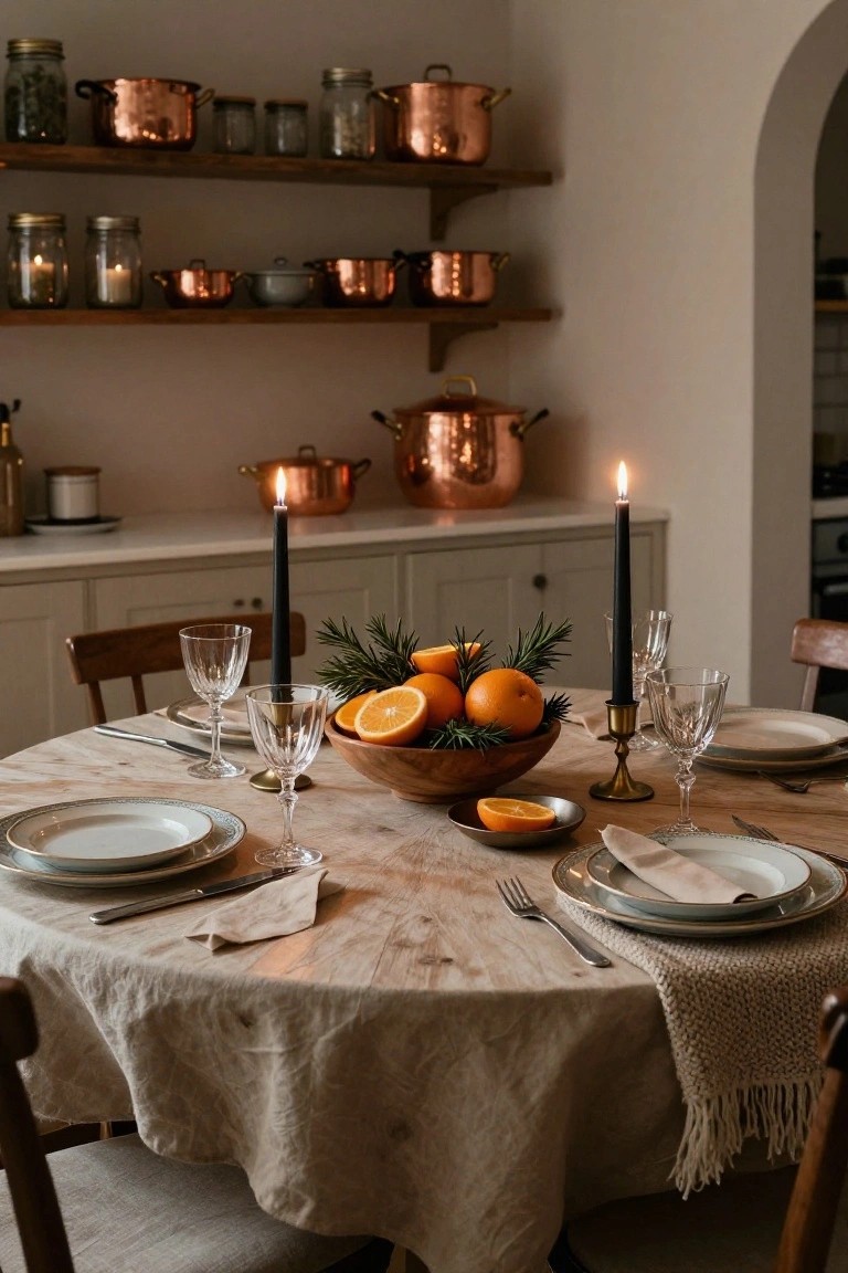 Close-up of a round wooden dining table set for dinner with a large wooden bowl of oranges and rosemary branches as centerpiece, black taper candles in brass holders, white plates, wine glasses, linen napkins, and copper pots on open shelves in a kitchen background.