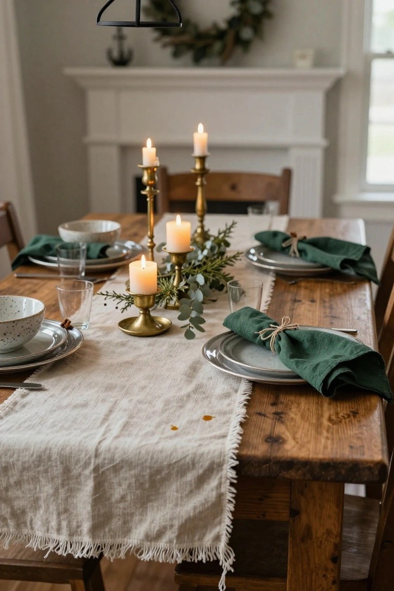 Wooden dining table set for a holiday meal with multiple brass candelabras holding lit white taper candles intertwined with eucalyptus and fir greenery, green linen napkins tied with twine around plates, clear glasses, and a fringed white linen runner, in a room with a white fireplace and chairs.