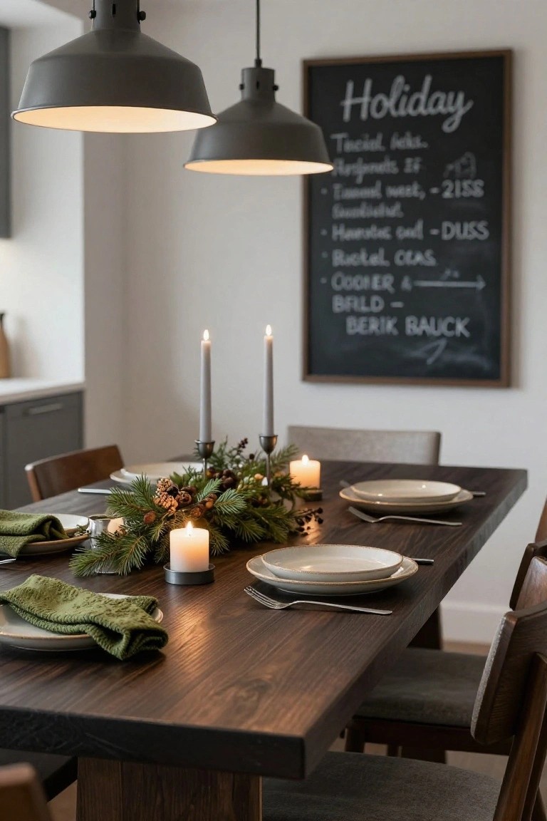 Dining table set with central evergreen garland centerpiece containing pinecones, multiple lit candles in various holders, white plates with green napkins, wooden chairs, pendant lights overhead, and a chalkboard holiday menu on the wall.