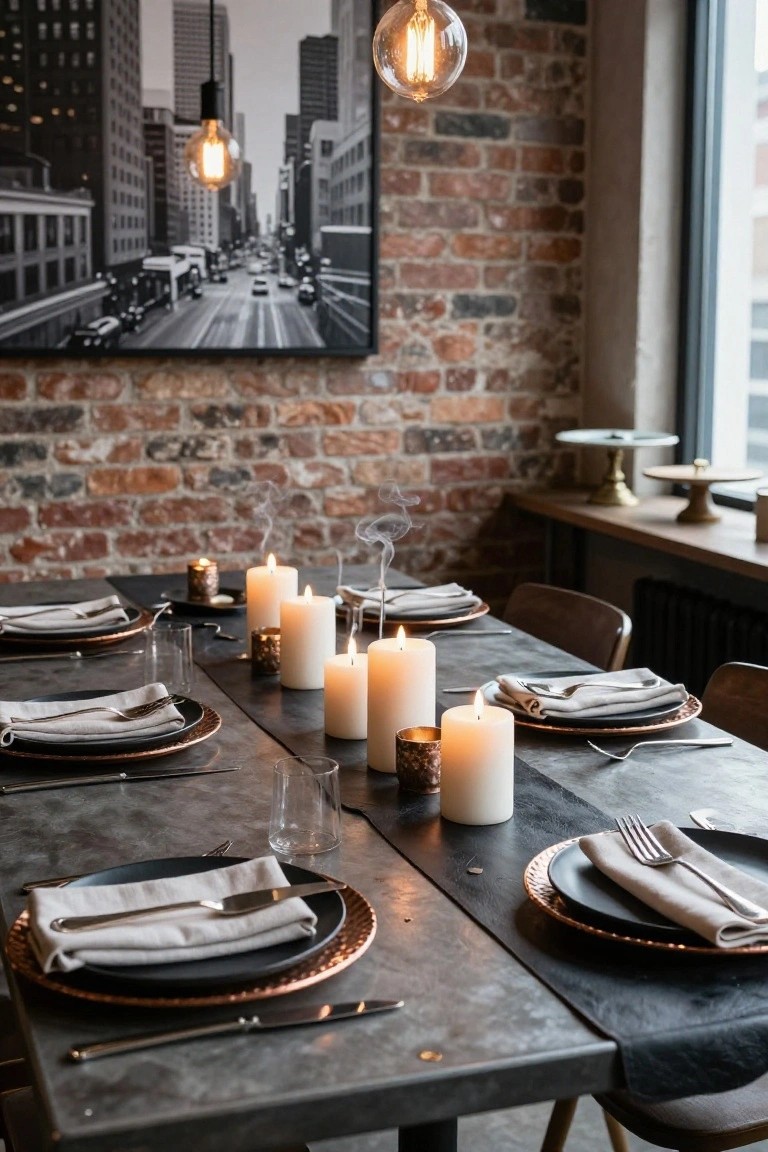 Dining table set with multiple lit white pillar candles of varying heights aligned lengthwise down the center, surrounded by black plates on copper chargers, gray linen napkins, forks, and glasses, against an exposed brick wall under pendant lights.