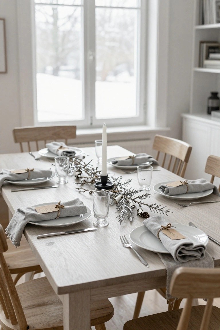Elegant winter table setting with white plates, gray napkins, and candle centerpiece.
