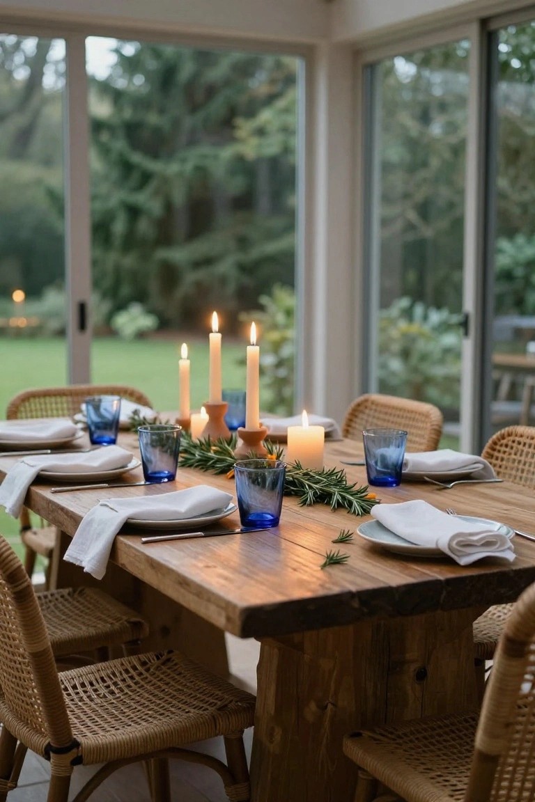 Dining table in a glass-walled sunroom set with white plates and napkins, blue drinking glasses, a rosemary garland runner with orange accents, multiple lit candles in various holders, and surrounded by rattan chairs, with greenery visible outside.