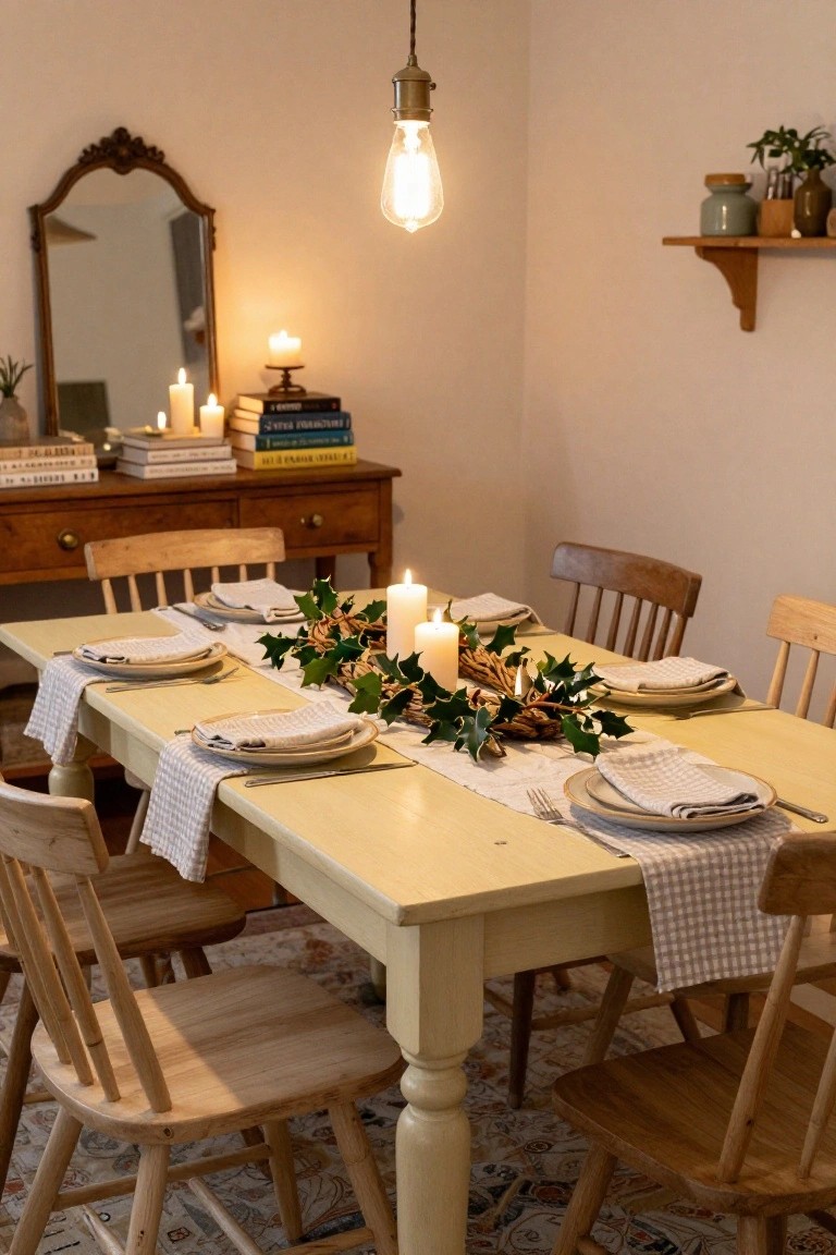 A pale yellow wooden dining table centered with a garland of holly, twigs, and greenery holding several white pillar candles, set with white plates, checkered napkins, and silverware, surrounded by wooden chairs in a warmly lit beige room.