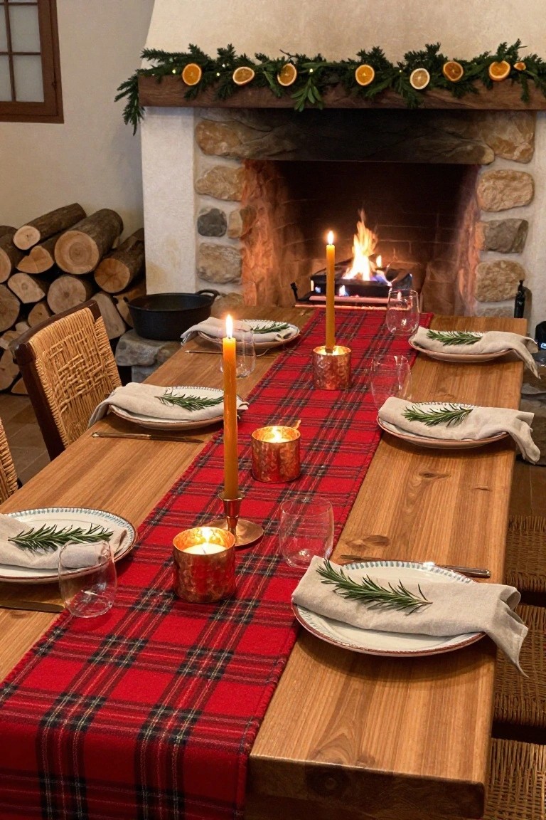 Wooden dining table set for a meal with red plaid table runner, multiple lit candles in brass and copper holders, plates with rosemary sprigs and linen napkins, stone fireplace with garland and firewood stack in the background.