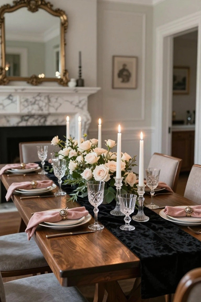 Elegant dining table set with black velvet runner, multiple lit white taper candles of varying heights, blush pink rose centerpiece with eucalyptus, crystal wine glasses and coupes, pink napkins with gold brooches, wooden farm table, gray upholstered chairs, marble fireplace and gold mirror in background.