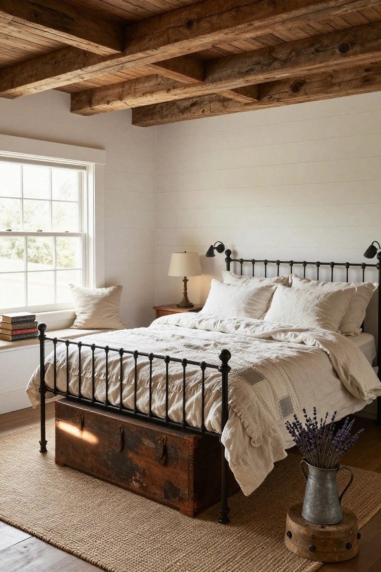 A farmhouse-style bedroom with a black wrought iron bed frame elevated on an antique wooden trunk base, white shiplap walls, exposed wooden ceiling beams, linen bedding, a window seat with pillows and books, wall sconces, lavender bouquet in a metal pitcher on a seagrass rug, and hardwood floors.