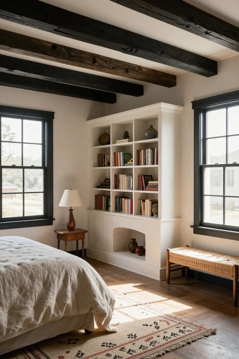 A cozy bedroom corner with white built-in bookshelves filled with books, pottery, and decor flanking a small arched fireplace niche, a bed with white linens nearby, wood side table and lamp, rattan bench, patterned rug on hardwood floors, exposed dark ceiling beams, and large black-framed windows.