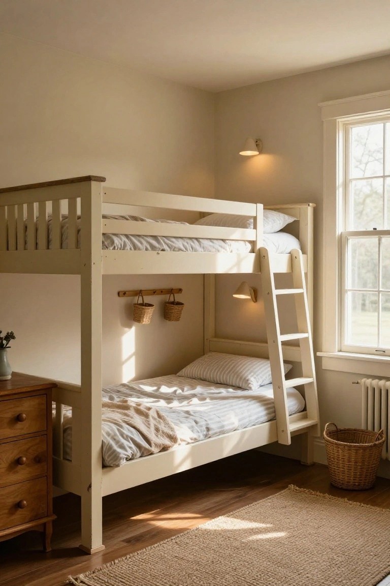 Cream wooden bunk bed with ladder on one side and peg rail holding two wicker baskets on the other, in a beige bedroom with dresser, rug, and window.