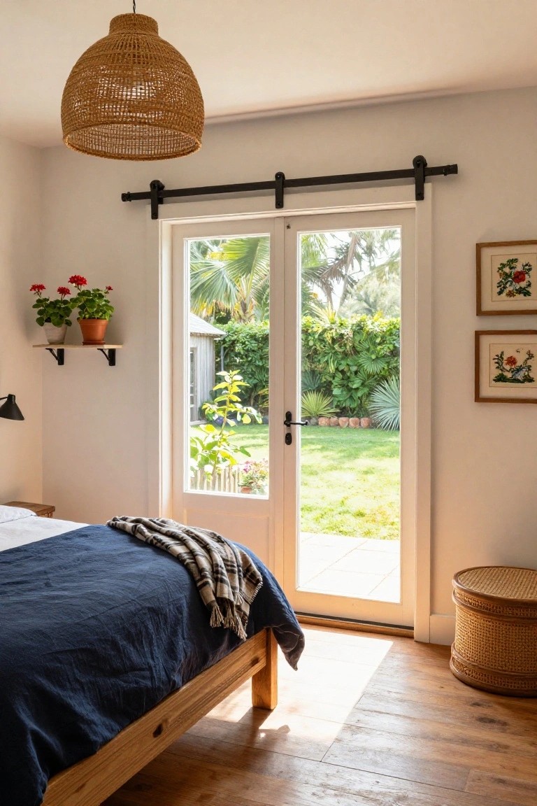 A bedroom featuring a wooden bed with navy linen bedding and plaid throw, rattan pendant light, potted red geraniums on a shelf, and large white sliding glass doors open to a lush tropical garden with palms and grass.