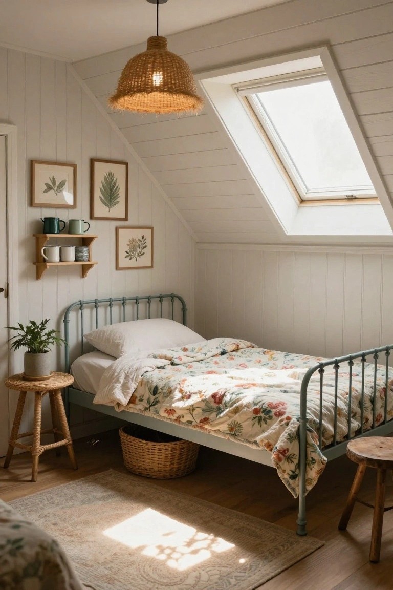 Attic bedroom with sloped white shiplap ceiling and skylight, sage green iron bed frame topped with white pillows and floral quilt, rattan pendant light, wooden shelf holding enamel mugs and plants, framed botanical prints, potted plant on rattan stool, woven basket under bed, and rug on wood floor.