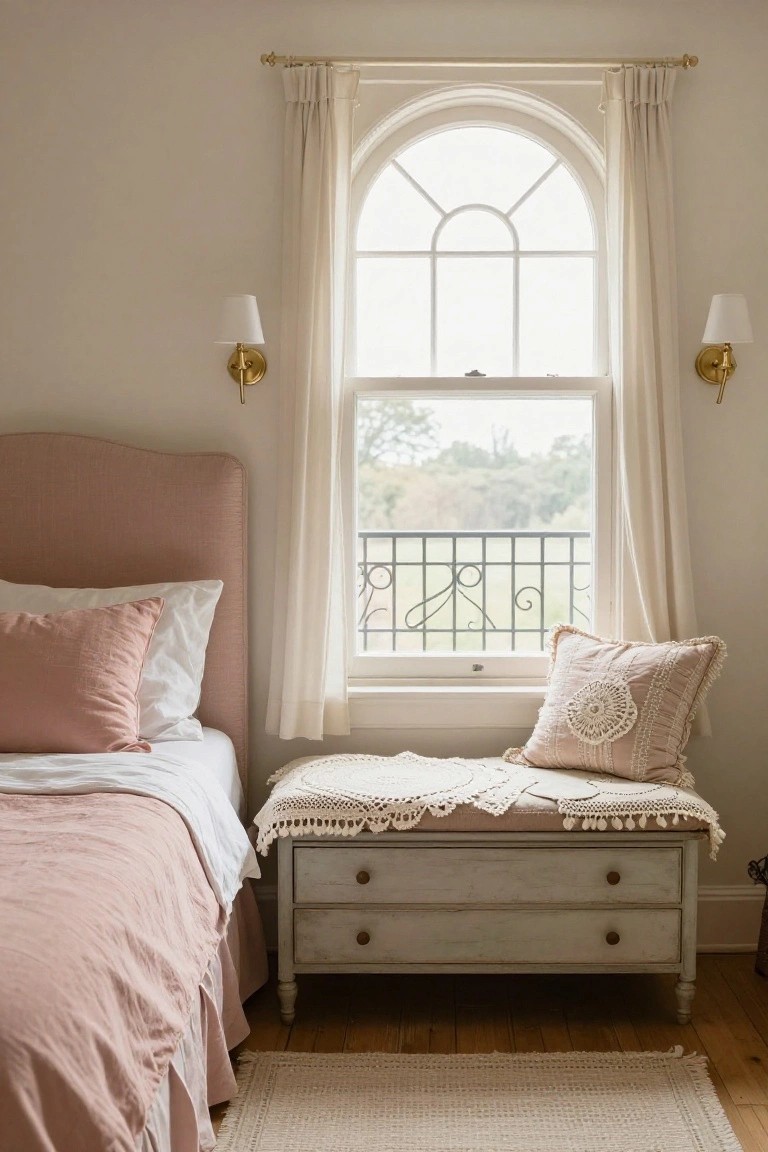 Bedroom with blush pink upholstered bed, arched window with white sheer drapes and black wrought-iron grille, window bench holding embroidered pillows and tassel-edged throw, whitewashed wood dresser, and wall sconces.
