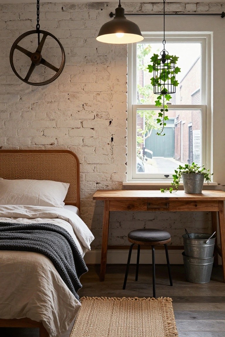 Bedroom interior with whitewashed exposed brick walls, rattan headboard bed dressed in white linens and gray knit throw, wooden desk and stool, industrial metal pendant light and wheel wall decor, ivy plants in metal containers, and seagrass rug on hardwood floor.