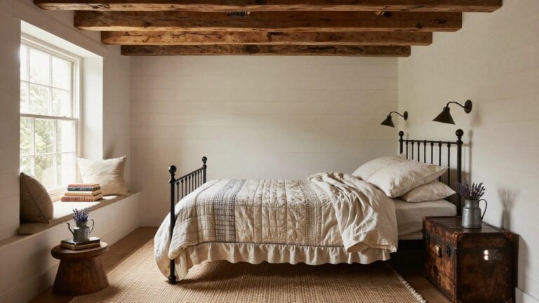 A farmhouse-style bedroom with a black wrought iron bed frame elevated on an antique wooden trunk base, white shiplap walls, exposed wooden ceiling beams, linen bedding, a window seat with pillows and books, wall sconces, lavender bouquet in a metal pitcher on a seagrass rug, and hardwood floors.