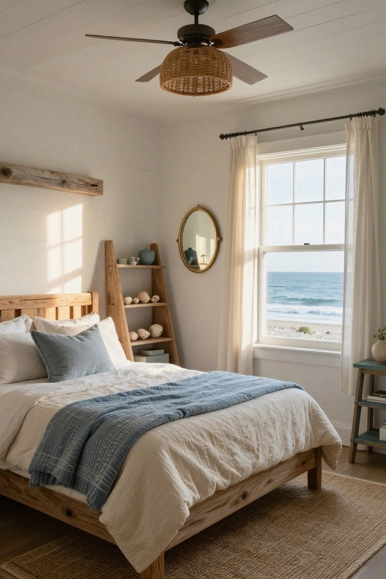 White shiplap-walled bedroom with wooden platform bed draped in white linens and blue throw, A-frame ladder shelf displaying shells and blue ceramics, round gold mirror, sheer curtains on window overlooking ocean beach, seagrass rug on floor.