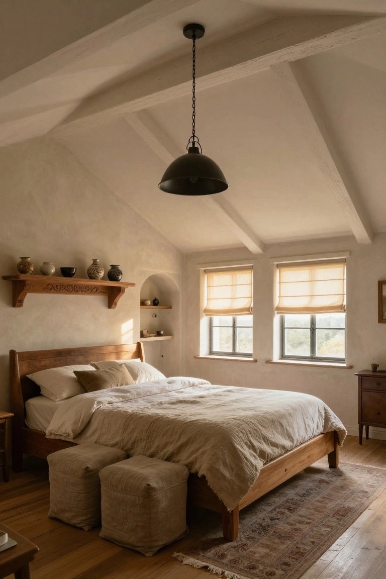 Rustic bedroom with wooden bed frame and beige linens, two linen cube ottomans at the foot, carved wooden wall shelf displaying pottery vases and bowls on plaster wall, vaulted beamed ceiling with black pendant light, two windows with bamboo blinds, wooden side table, and patterned rug on wood floor.