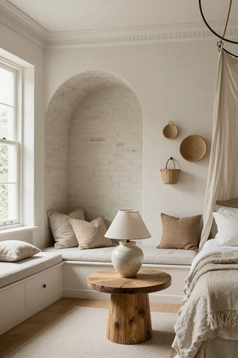 Bedroom corner with whitewashed brick arched alcove containing a built-in cushioned bench by a window, wooden pedestal table holding lamp and vase, woven wall baskets, and adjacent bed with beige linens.