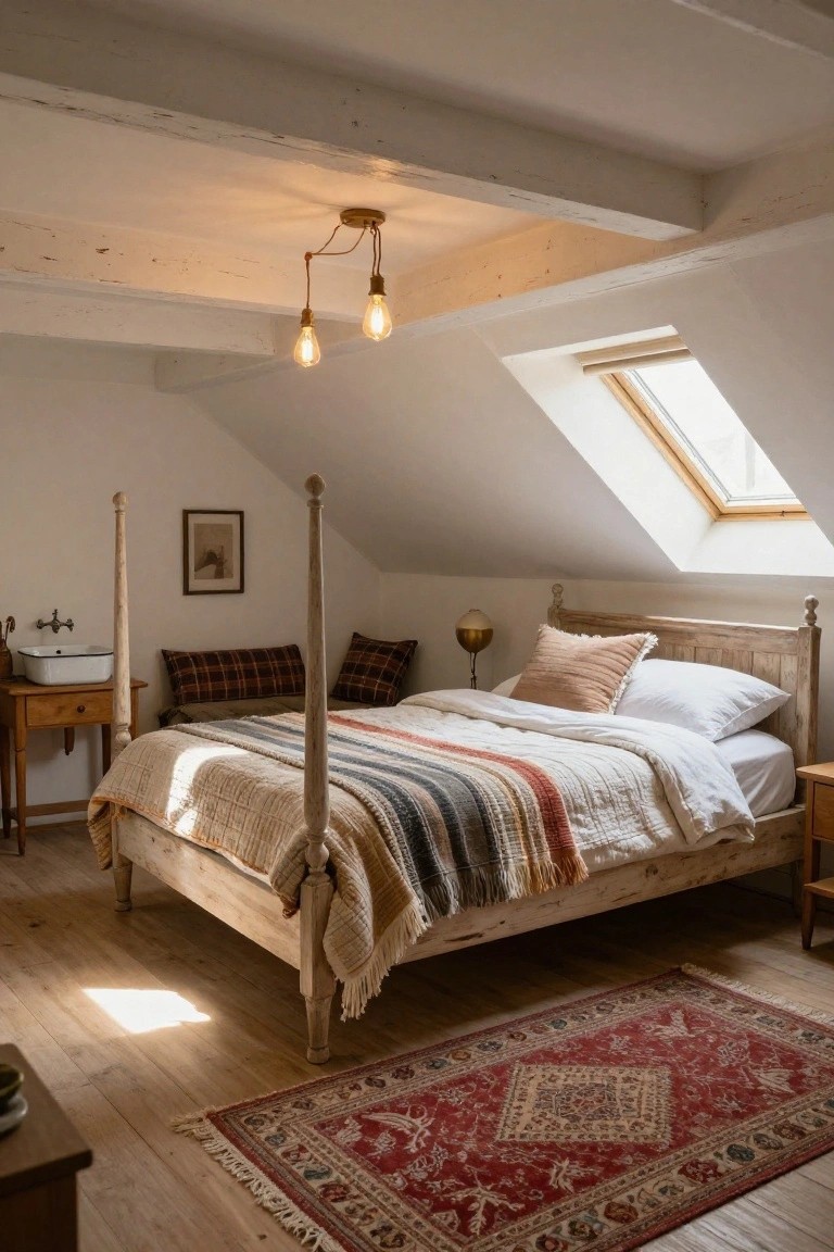 Attic bedroom interior with sloped white ceilings, exposed wooden beams, three-bulb pendant light, wooden four-poster bed with layered quilts and pillows, bedside tables, antique-style washstand, and red patterned rug on light wood floors.