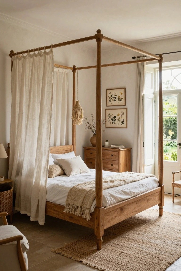 A bedroom with a natural wood four-poster bed draped in sheer white curtains, a matching wooden dresser, rattan basket, table lamp, and open French doors to a garden.