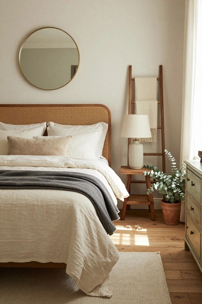 Bedroom interior featuring a rattan headboard on a bed with white linens and gray throw, wooden ladder beside the bed holding a white lamp and folded white towels, eucalyptus plant on a wood stool, gold round mirror on beige wall, and wood dresser.