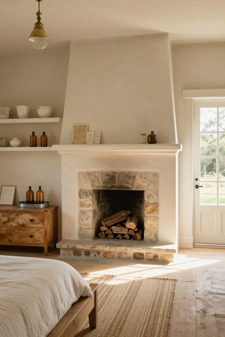 Bedroom with tall stone fireplace filled with stacked firewood, wooden dresser and bed frame, white bedding, open shelves holding pottery and bottles, and white door to outdoor view.