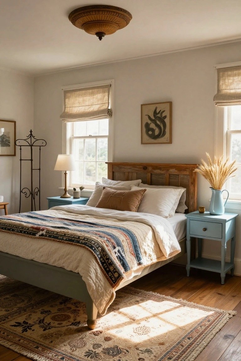 Bedroom featuring a wooden bed frame with headboard and footboard, colorful striped quilt and white linens, blue painted nightstand with pampas grass in a jug, linen roman shades on windows, rattan ceiling light, and Persian rug on wood floor.