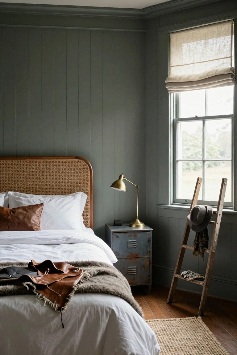 Bedroom corner with sage green vertical wood-paneled walls, rattan headboard on bed with white sheets and pillows, rust-toned leather pillows and fur throw, metal filing cabinet nightstand with brass lamp, wooden ladder with hat and scarf next to window with beige linen roman shade.