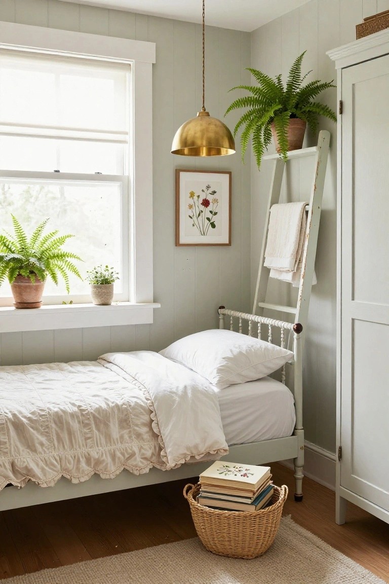 A small bedroom with pale green paneled walls, white iron single bed with ruffled white bedding and pillows, multiple potted ferns on windowsill and ladder shelf, gold pendant light, stack of books in wicker basket, white wardrobe, and hardwood floor with rug.