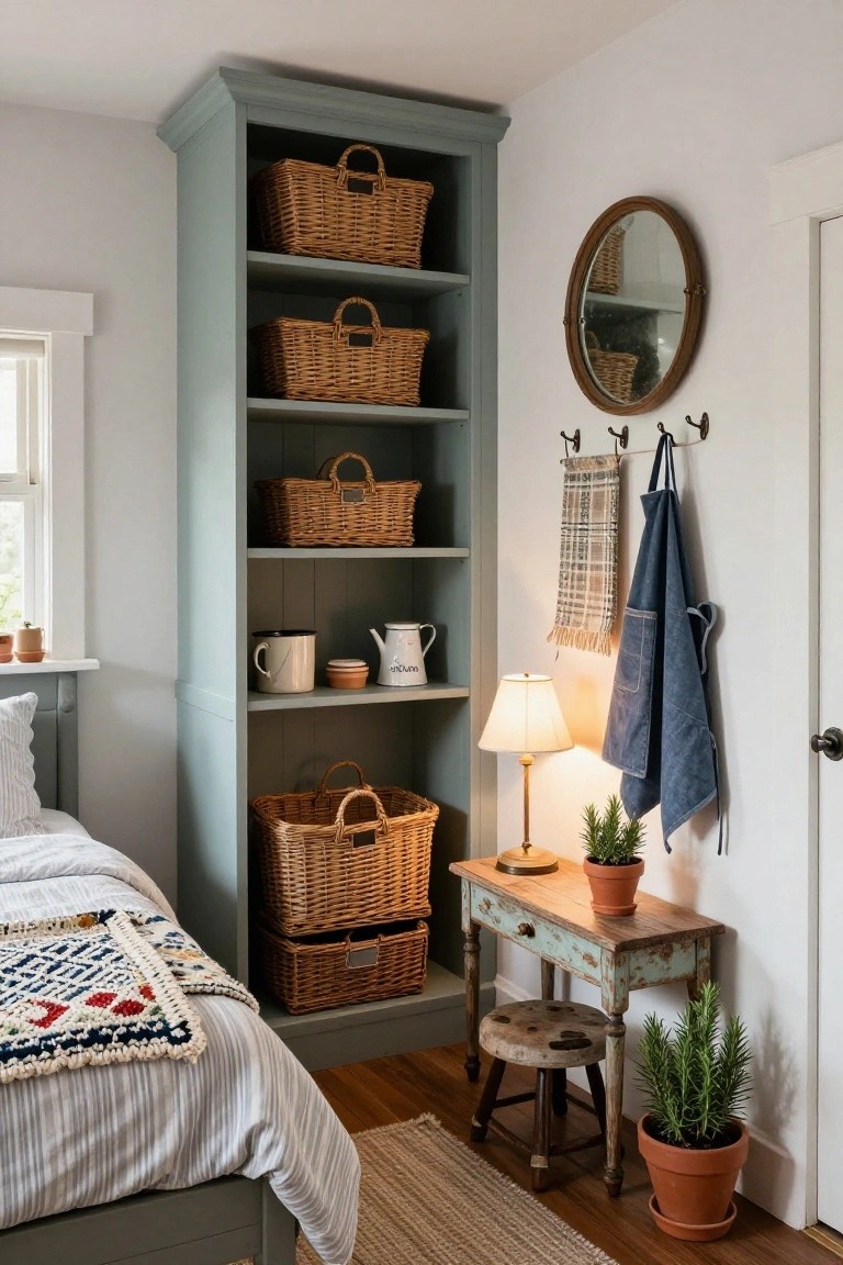 Corner of a bedroom with tall teal open bookshelf filled with wicker baskets, bed with white striped duvet and colorful quilt, small wooden table with lamp and potted plants, round mirror and wall hooks on white wall.