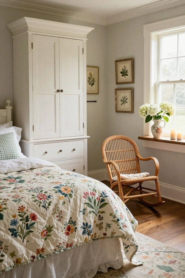 Light gray bedroom with tall white armoire, bed covered in multicolored floral quilt, rattan rocking chair by window seat holding white hydrangea bouquet in vase and lit candles, botanical prints on walls.