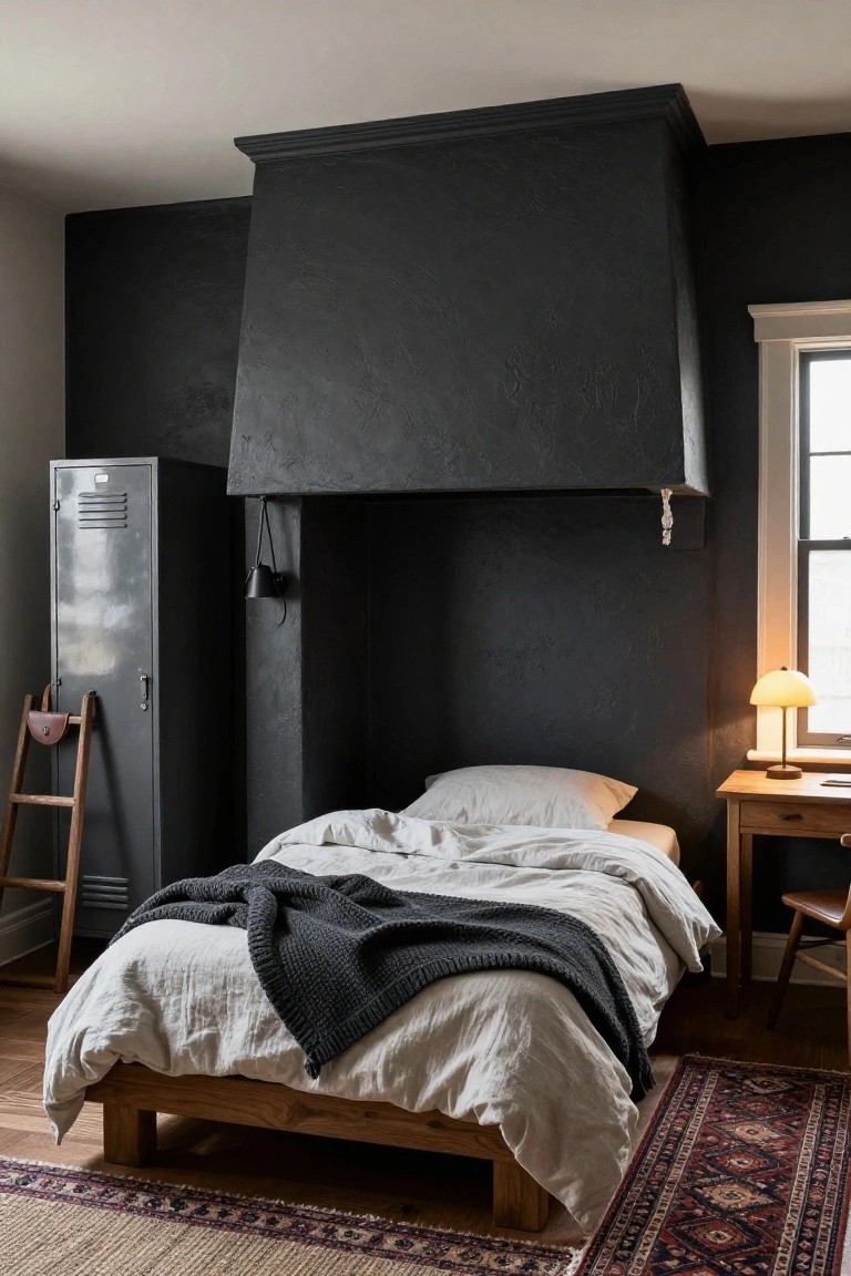 Bedroom with tall textured black hood over wooden bed with white linens and gray knit blanket, gray metal locker, wooden ladder, desk with lamp, and patterned rug on wood floors.