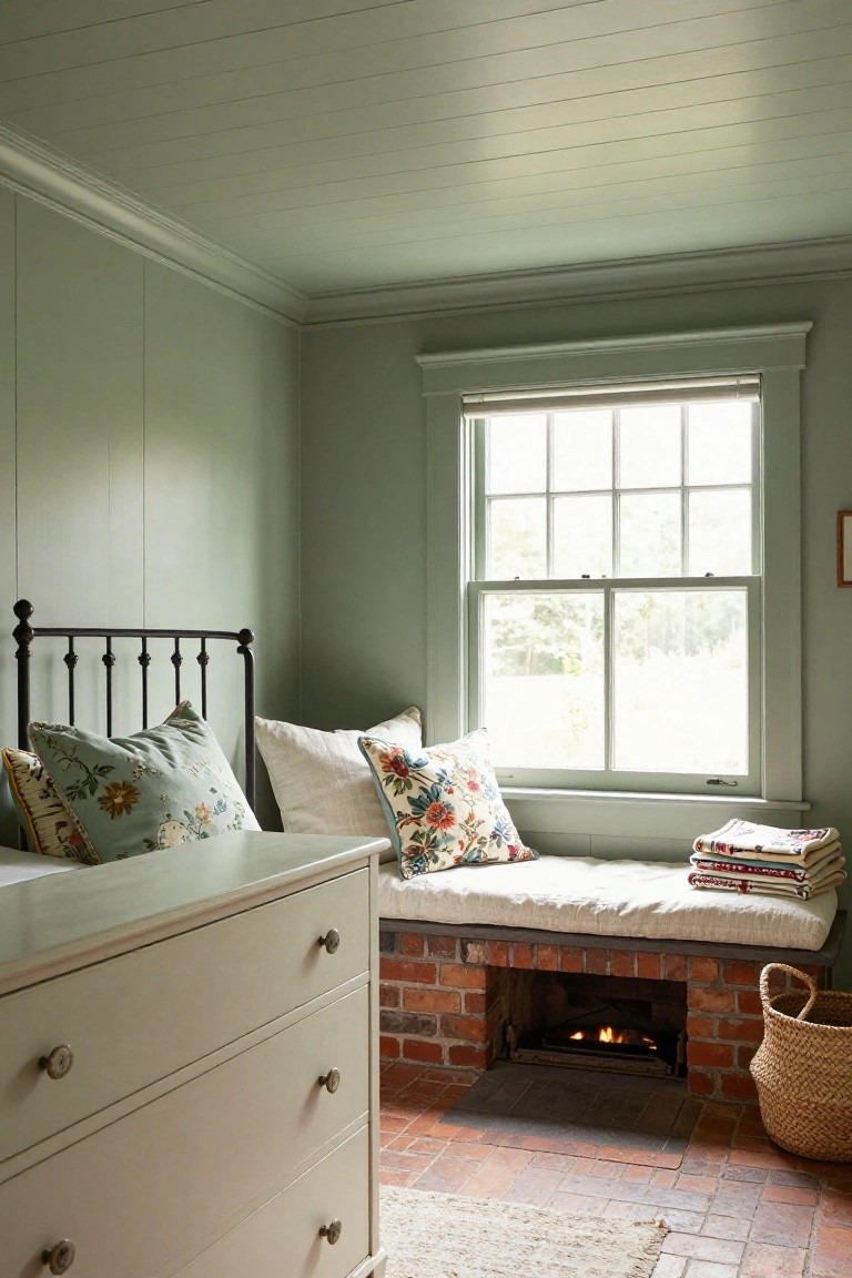 Sage green paneled bedroom corner with black iron bed, white dresser, built-in cushioned window seat piled with pillows and books next to brick fireplace, wicker basket on brick floor.