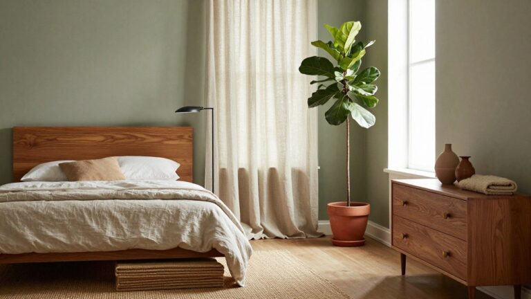 Bedroom interior with sage green walls, wooden bed with white linen bedding and slatted headboard, matching low wooden dresser with potted fiddle leaf fig plant and vase, black floor lamp, beige linen curtains on window, and seagrass rug on oak floors.