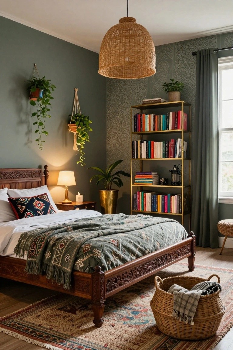 Sage green bedroom with wooden carved bed draped in green throw, gold metal bookshelf stocked with colorful books and potted plants, rattan pendant light, multiple hanging macrame planters with trailing greenery, floor plants in gold and terracotta pots, and woven basket on patterned rug.