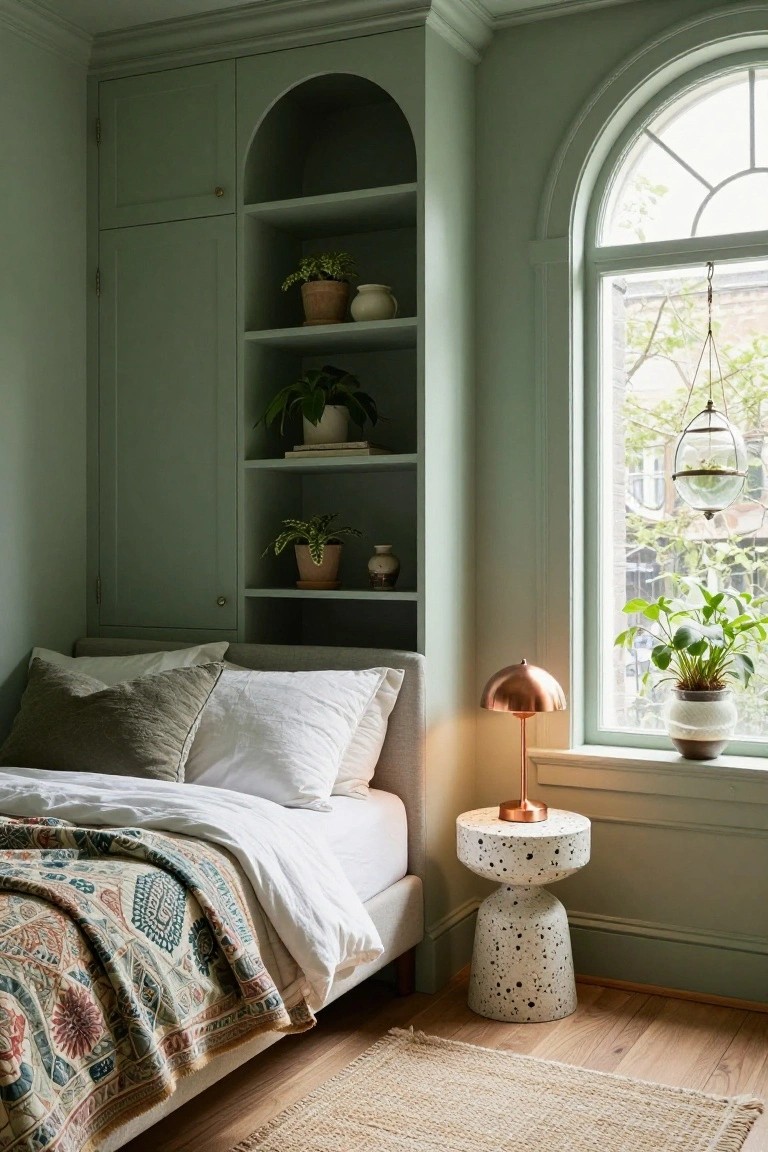 Sage green bedroom with arched built-in wardrobes and shelving holding plants and pottery, white bed with gray pillows and patterned throw, copper lamp on speckled concrete side table, large arched window with hanging glass planter and potted plant on sill.
