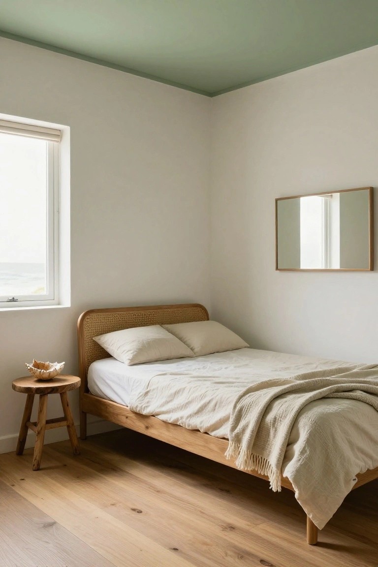 Bedroom corner with sage green ceiling, white walls, wooden bed frame with rattan headboard and white linens, small wooden stool holding a shell, rectangular mirror on wall, and window showing ocean view over beige roller shade on light wood floors.