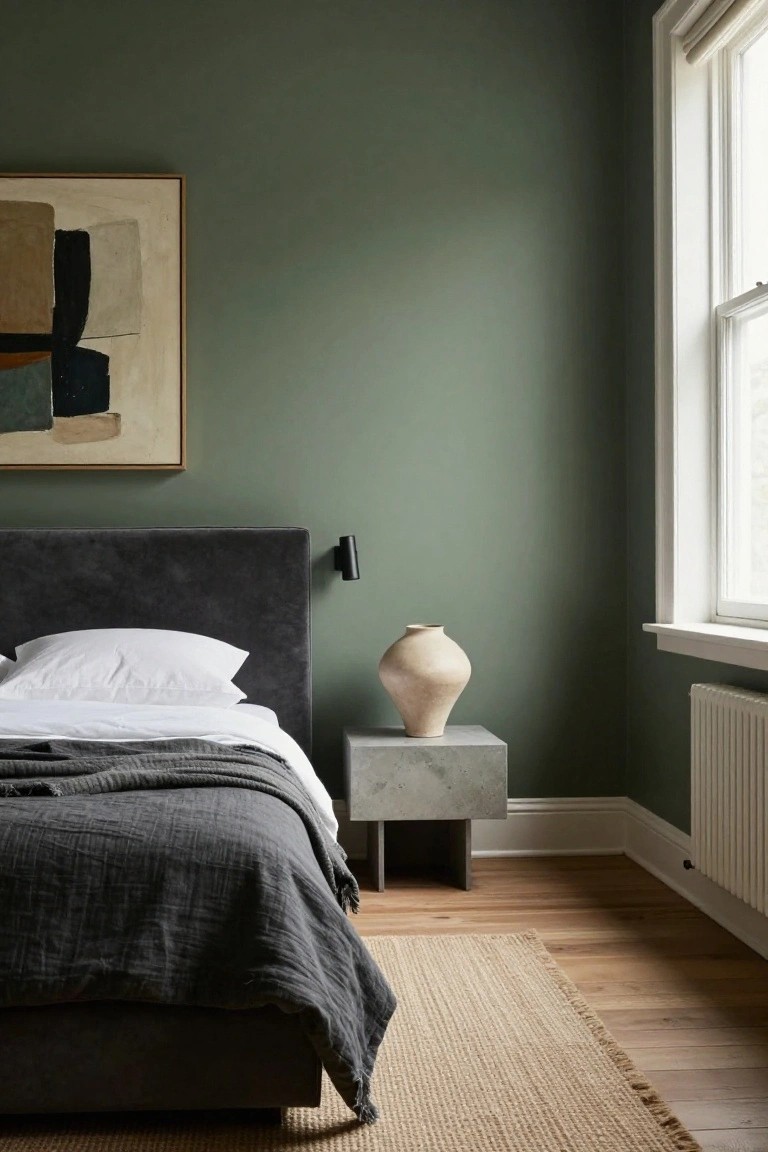 Bedroom interior with sage green walls, dark gray velvet upholstered bed with white pillows and gray linen bedding, concrete nightstand holding a beige ceramic vase, large abstract painting above the bed, hardwood floors, seagrass rug, and a wall-mounted black lamp.