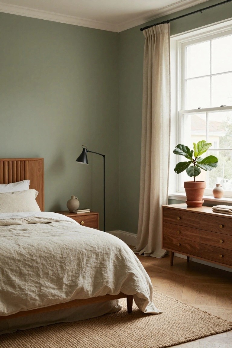 Bedroom interior with sage green walls, wooden bed with white linen bedding and slatted headboard, matching low wooden dresser with potted fiddle leaf fig plant and vase, black floor lamp, beige linen curtains on window, and seagrass rug on oak floors.