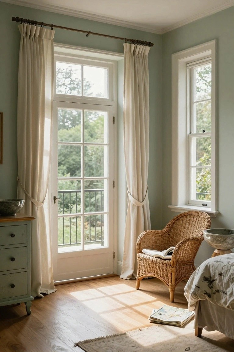 Sage green bedroom corner with white French doors and windows draped in light linen curtains, wooden dresser, rattan chair with throw, bed with patterned duvet, wooden floors, and garden view beyond balcony railing.