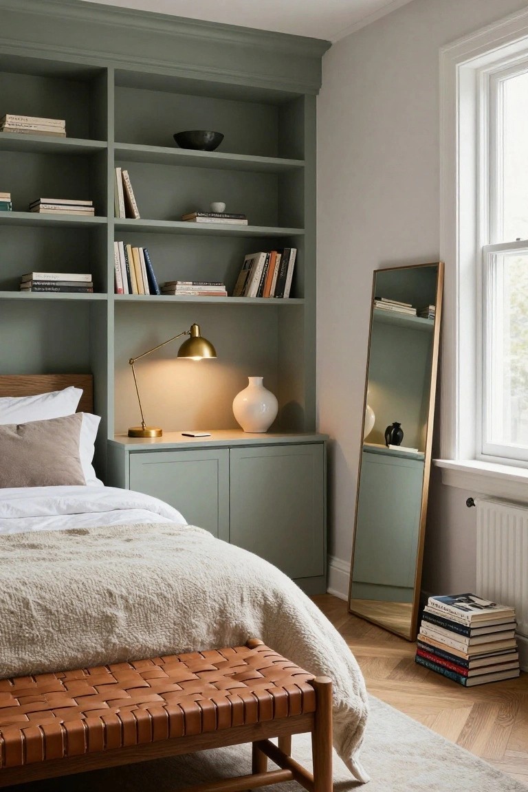 Sage green built-in shelving and cabinets surround a wooden bed frame in a bedroom with books, a desk lamp, white vase, full-length gold-framed mirror, and beige bedding on light oak floors.
