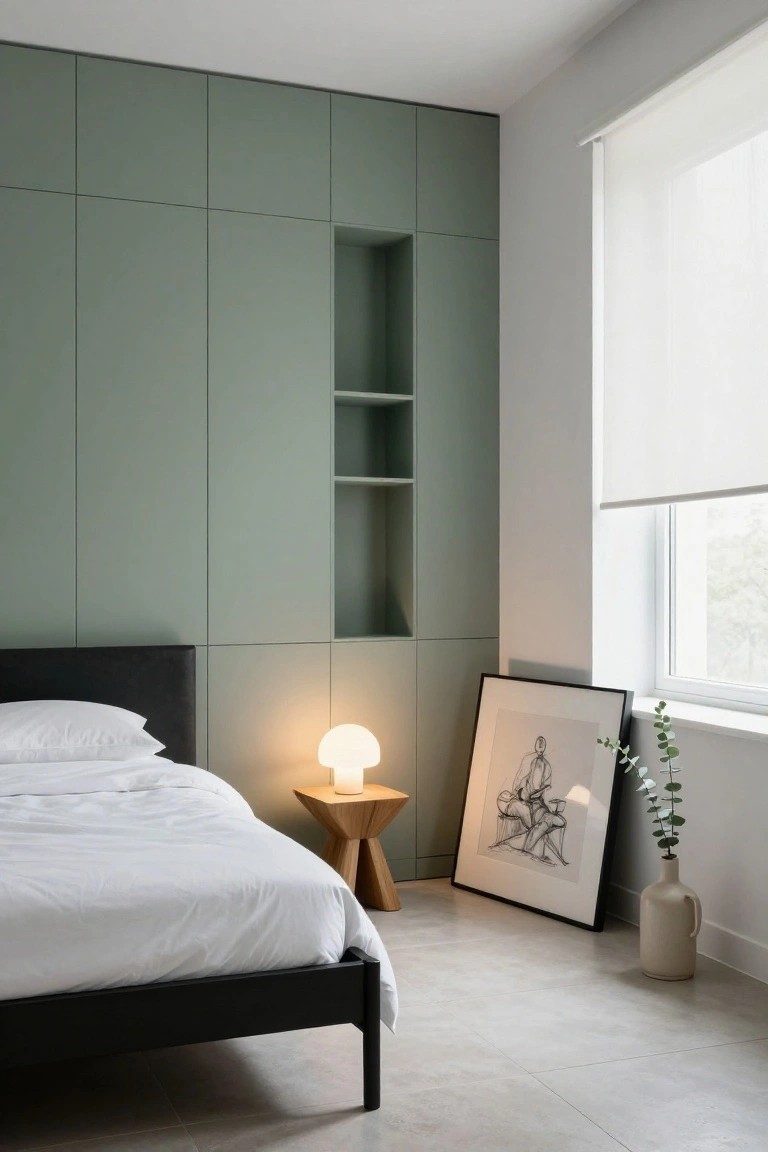 A bedroom with sage green paneled walls featuring built-in wardrobes and an open shelving niche, a black upholstered bed with white sheets, wooden bedside table with white lamp, black-framed artwork, eucalyptus in a vase, and white roller blind on the window.
